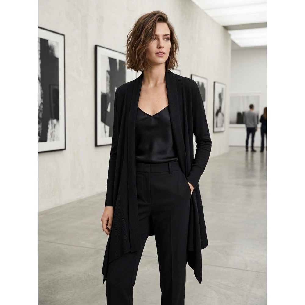 Zara Black Open Front Ribbed Draped Cardigan Asymmetrical Hem Sweater Small